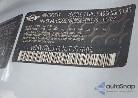 2004 Mini Cooper from USA, damaged, VIN WMWRC33414TJ57004